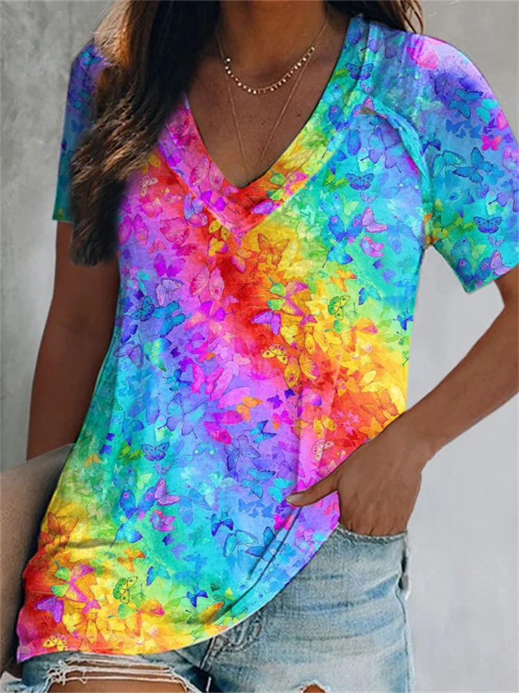 Colorful Butterfly Print V Neck Short Sleeve Top
