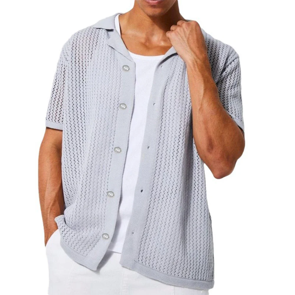 Mongw Mongw Men's Casual Knit Shirt Men's Summer New Solid Color Lapel Hollow Out Breathable Men's Short-Sleeved Jacket