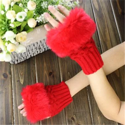 CUHAKCI Half Finger Woolen Winter Gloves Women Knitted Warm Mittens Long Imitation Rabbit Hair Lovely Fur Patchwork