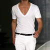 Men's Basic White Deep V-Neck Cotton Short Sleeve T-Shirt by Inlyline