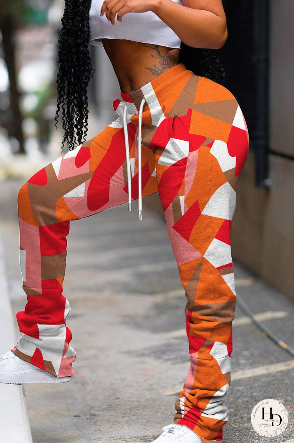 Orange Casual Print Fold Regular Mid Waist Conventional Full Print Trousers