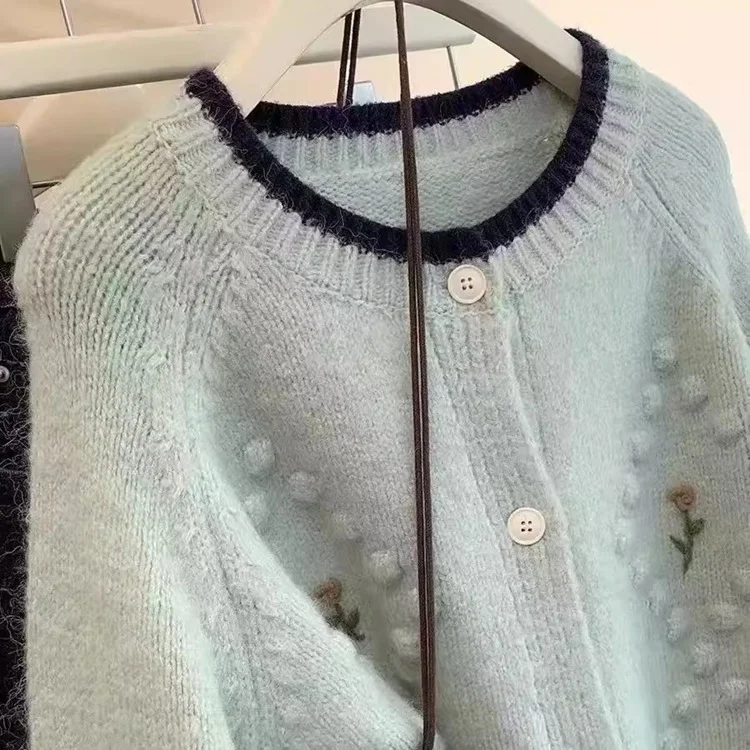 Athvotar Athvotar Sweet Embroidery Flowers Soft Sticky Cardigan Women Autumn And Winter New Loose Temperament Sweater Small Fragrant Wind