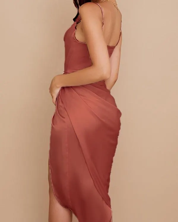 Sexy Shirring Irregular Satin Midi Prom Dress