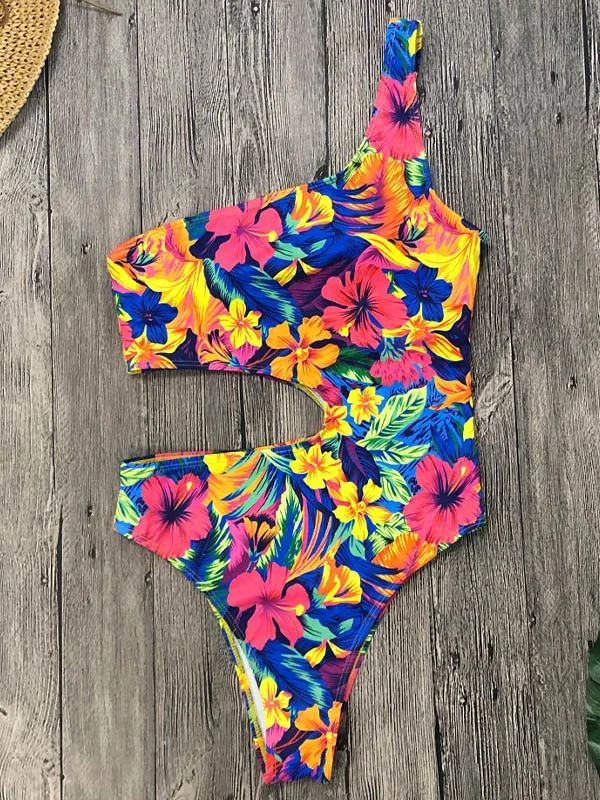 One-Shoulder Floral Print Tight Hollow Monokini Swimwear
