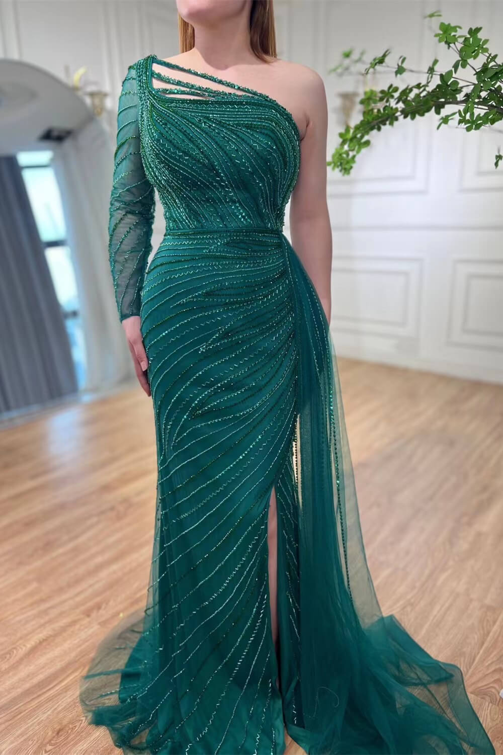 Bellasprom Emerald Green One Shoulder Long Sleeve Mermaid Prom Dress With Split Ruffles Beadings Bellasprom