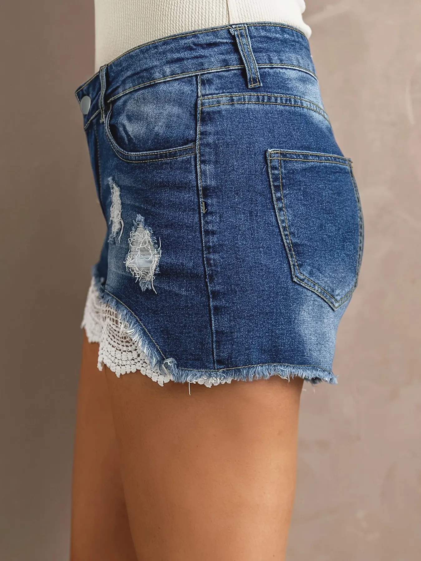 Womens Distressed Denim-Style Lace Trim Casual Shorts Vintage Washed Blue Denim
