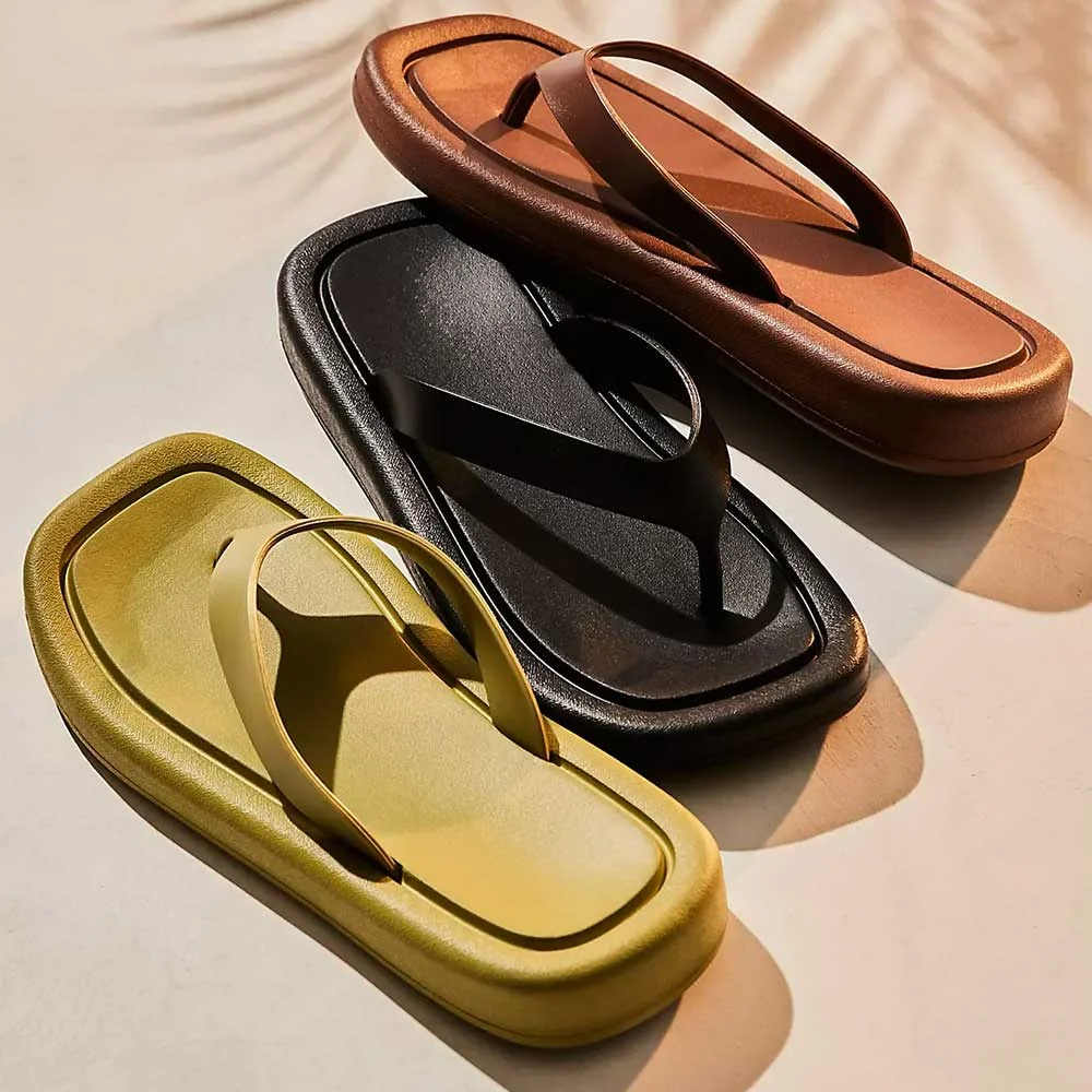 Classic Black Square Toe Flat Slip On Flip Flops for Women