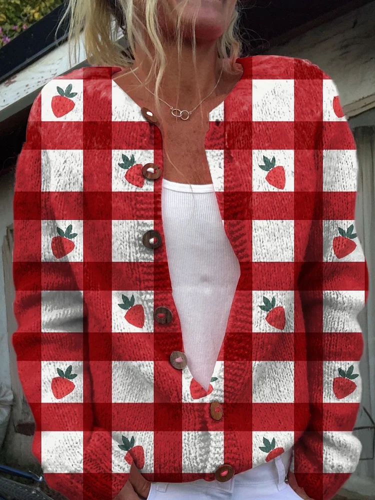 Red Plaid And Strawberries Art Print Buttoned Cardigan Sweater