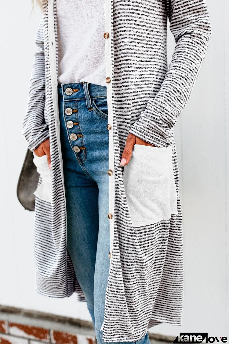 Solid Patchwork Long Striped Cardigan with Pockets