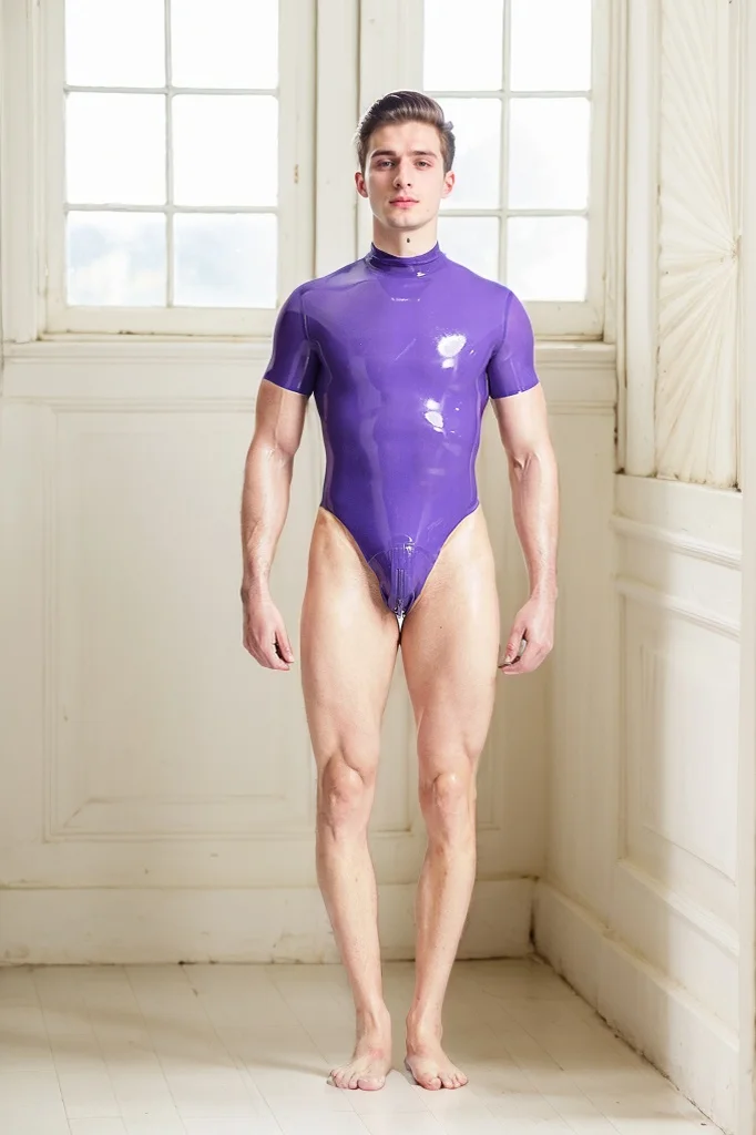 Men Latex Leotards Male Short  sleeved High  cut Leotard Minimalist Pure Color (KG31611)