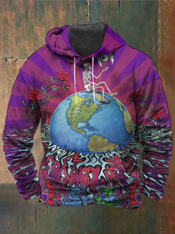 Unisex Skull Bear Earth Rose Print Heavy Hoodie