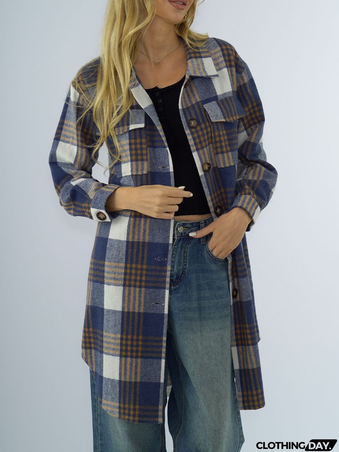 Plaid Collared Neck Long Sleeve Coat