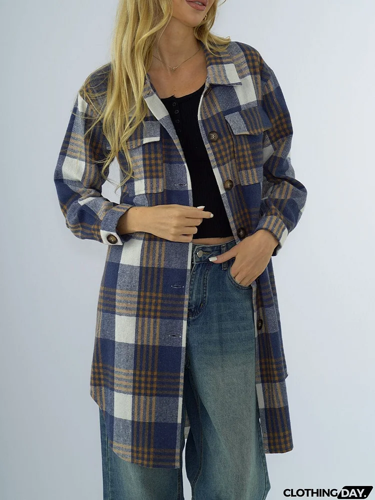 Plaid Collared Neck Long Sleeve Coat