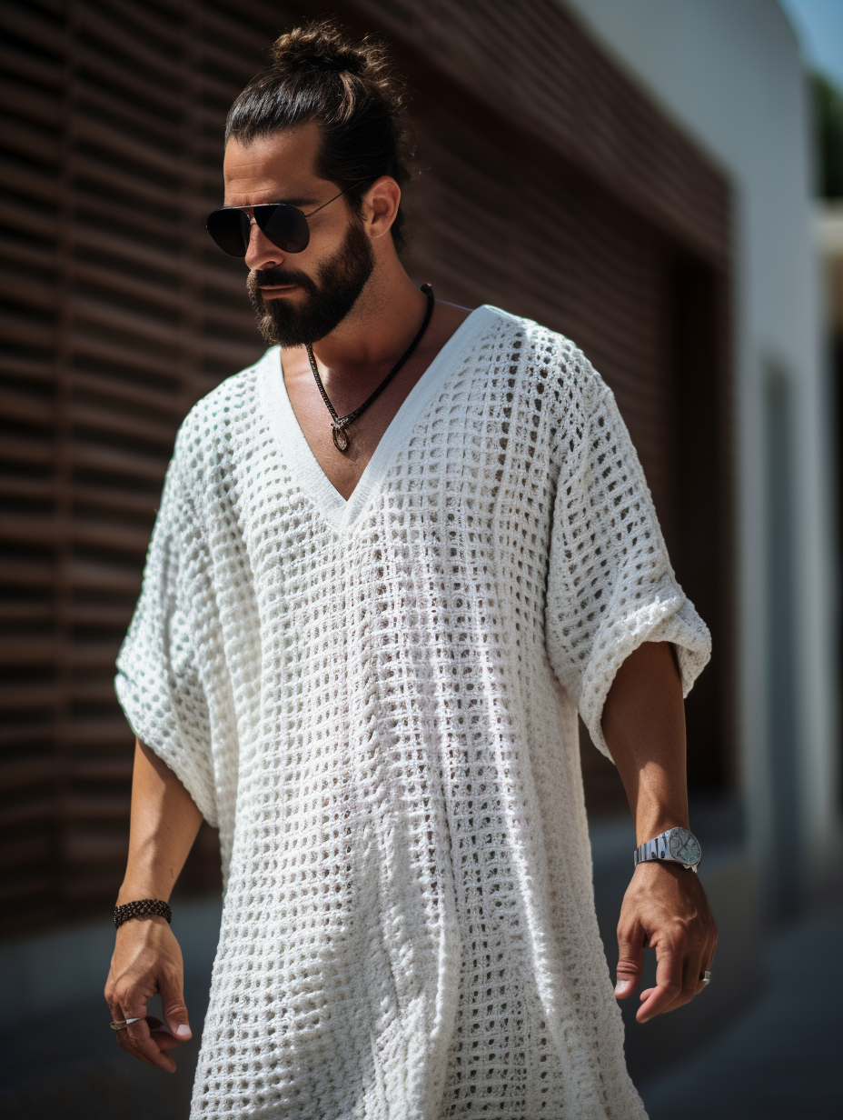 White Net V-neck Men Kaftan Long Caftan