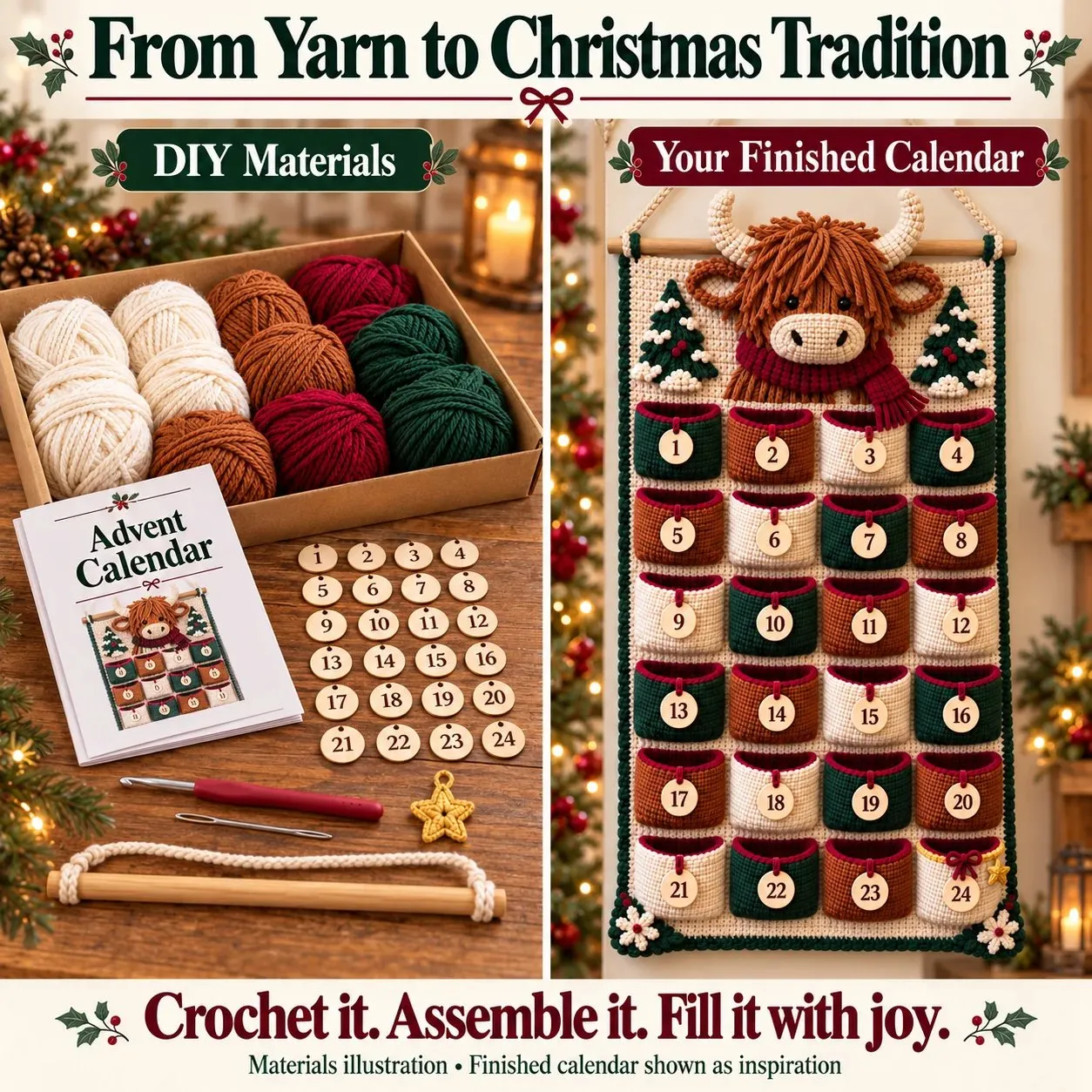 DIY materials next to an example of the finished Highland cow crochet calendar