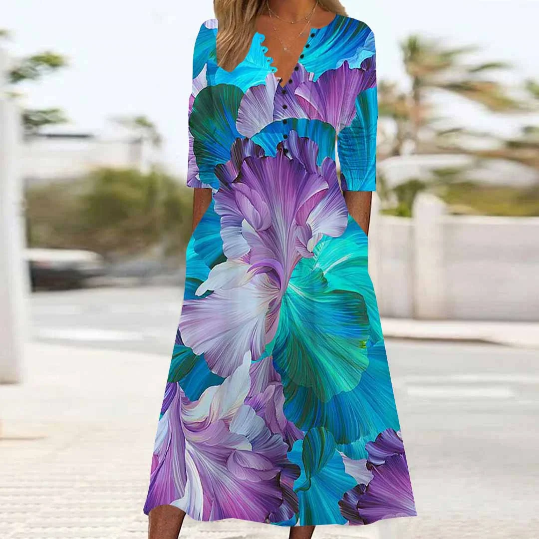 Women Graphic,Blue DZHB8385 Long Sleeve V-Neck Graphic Printed Midi Dress