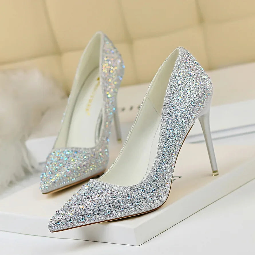 Women 10cm High Heels Stripper Bling Crystal Escarpins Pumps Lady Stiletto Wedding Bridal Fetish Rhinestone Gold Pink Prom Shoes Aiertu