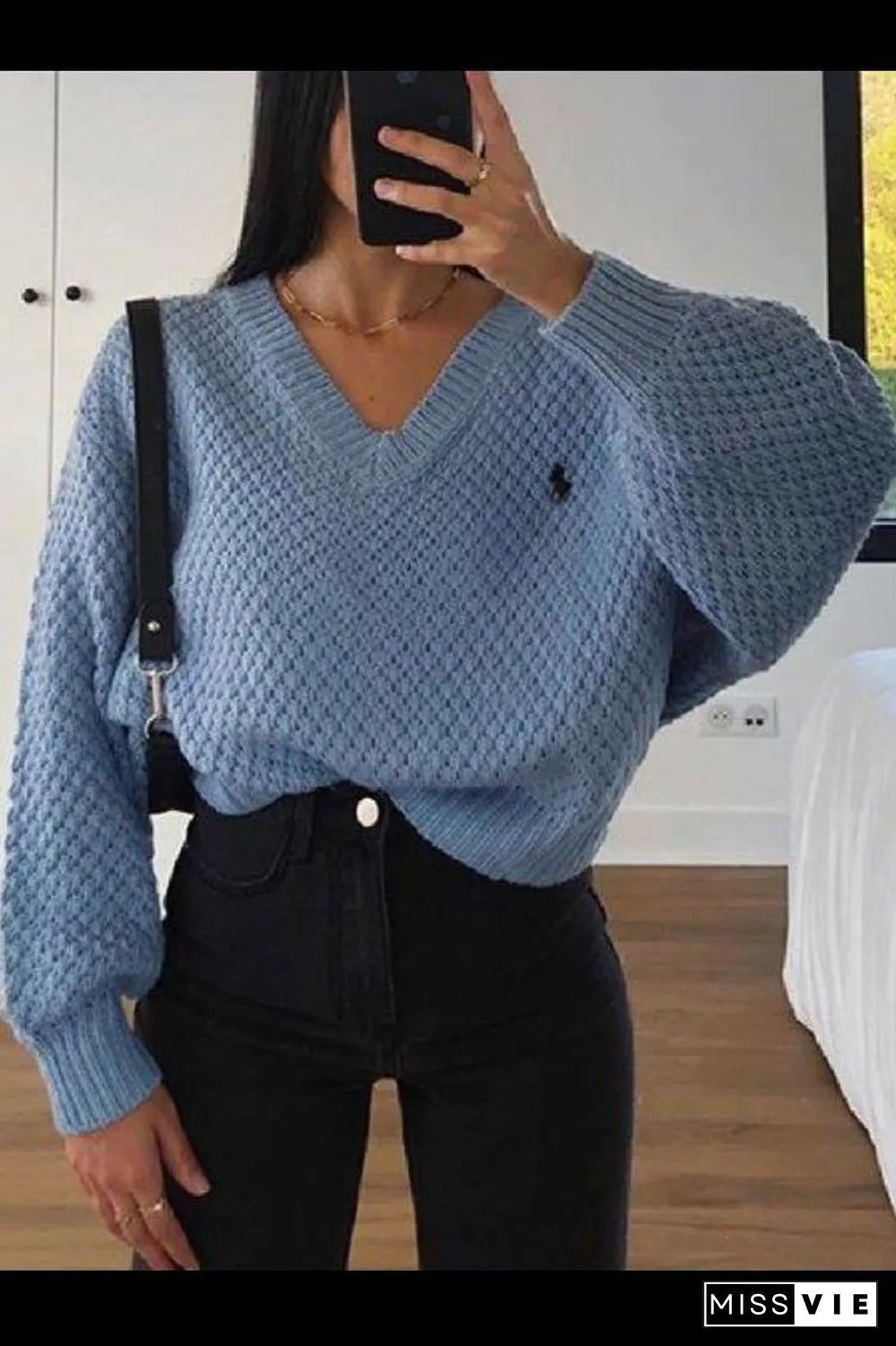 Chunky V Neck Waffle Knit Jumper Sweater For Ladies