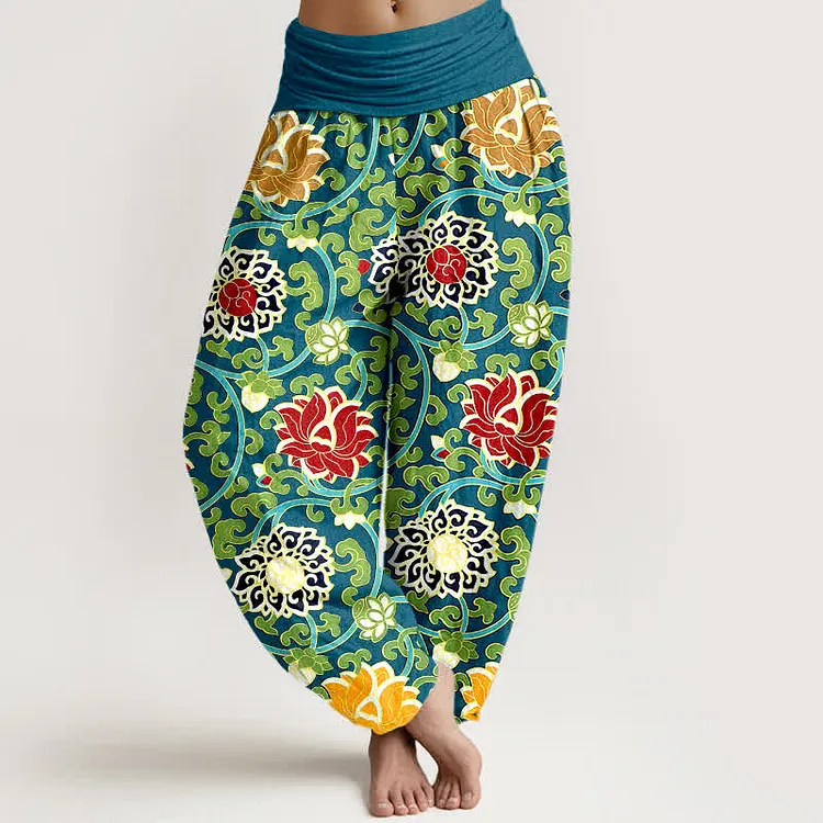 Cotton Bohemian Lotus Vine Pattern Women's Elastic Waist Harem Pants