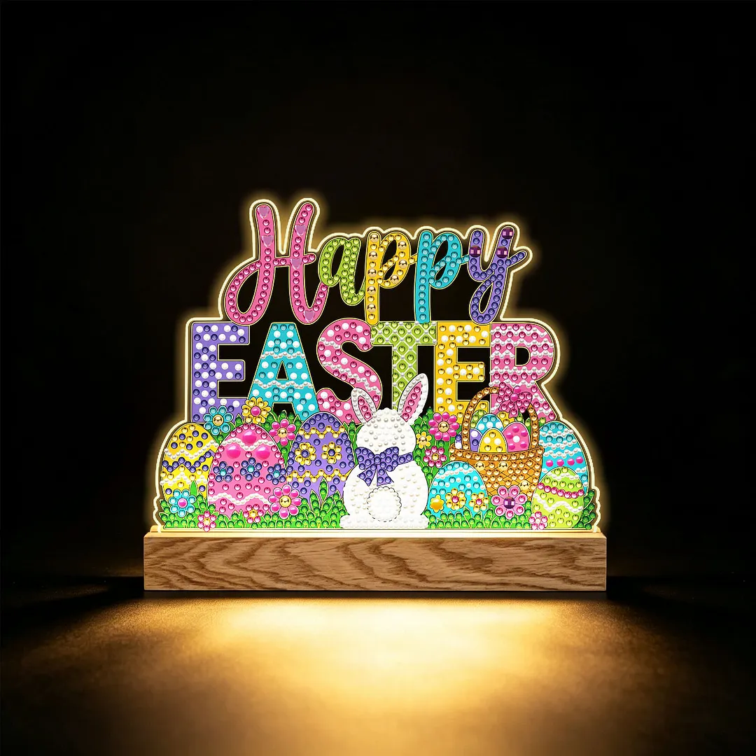 Easter DIY Acrylic Diamond Painting Night Light for Adults Beginner Diamond Art Table Lamp with Wooden Base for Woman Man Desk Bedroom Tabletop Decor