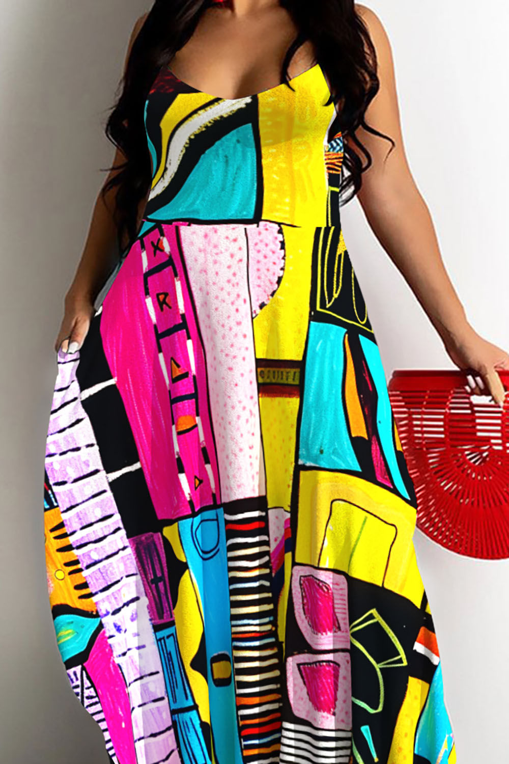 Design Plus Size Ankara Vacation Multicolor V Neck Cami Pocket Maxi Dresses [Pre-Order]