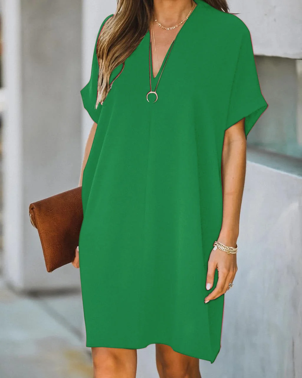 Uveng V-neck Short-sleeved Solid Color Loose Dresses