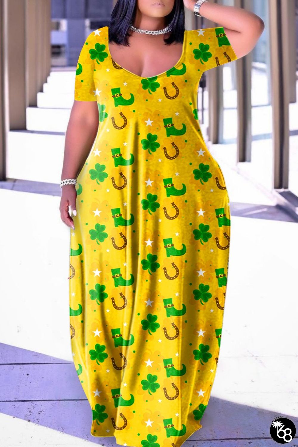 Yellow Sexy Casual Print Backless V Neck Short Sleeve Dress Dresses | 168DEAL