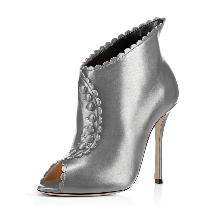 Metallic Grey Laciness Peep Toe Buttoned Stiletto Ankle Boots |FSJ Shoes