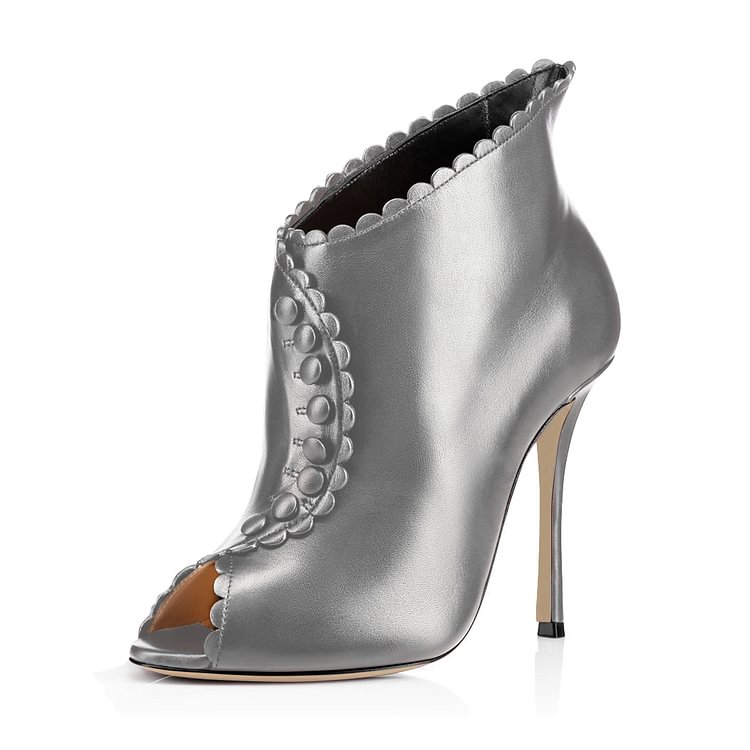 Grey Laciness Fashion Boots Peep Toe Buttoned Stiletto Ankle Booties |FSJ Shoes