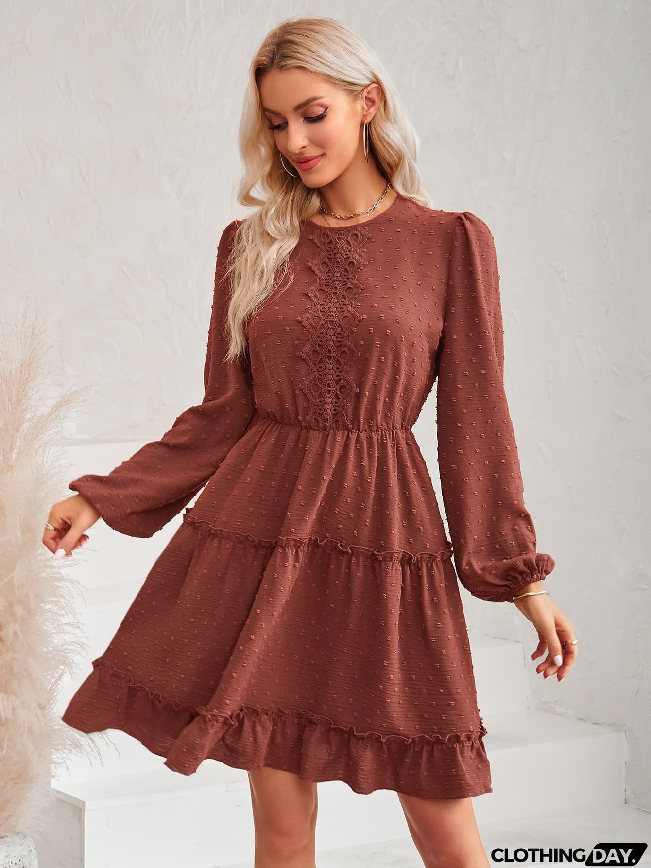 Swiss Dot Lace Trim Balloon Sleeve Dress