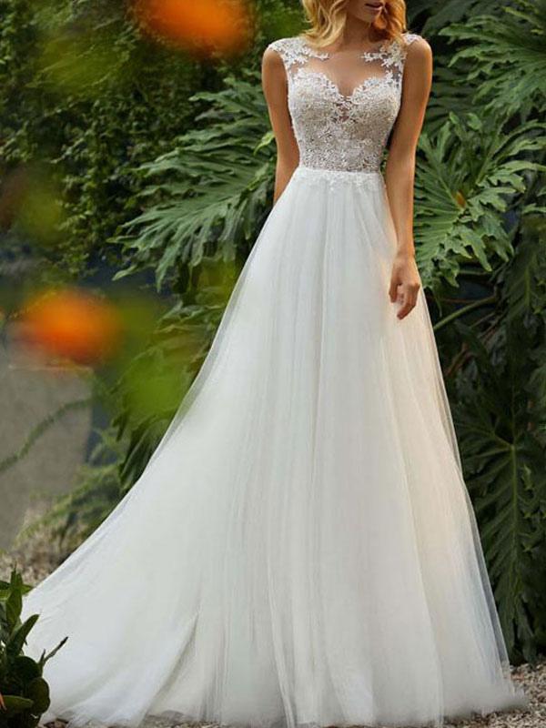 Oknass Sleeveless Tulle Lace Wedding Dress Long