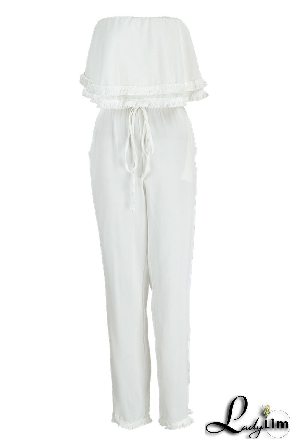 White Casual Solid Patchwork Strapless Straight Jumpsuits