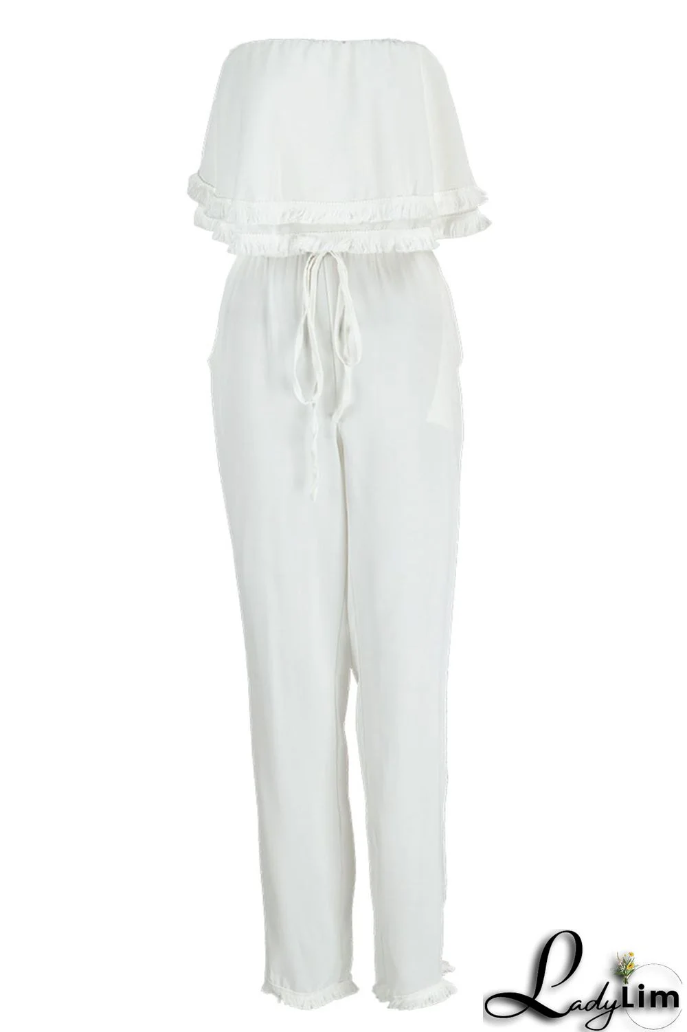 White Casual Solid Patchwork Strapless Straight Jumpsuits