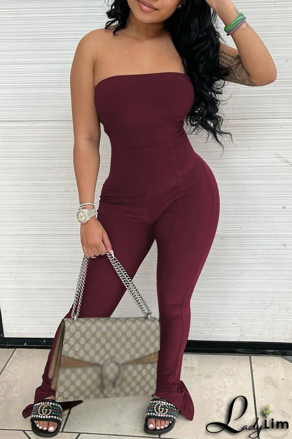 Coffee Sexy Solid Patchwork Strapless Skinny Jumpsuits