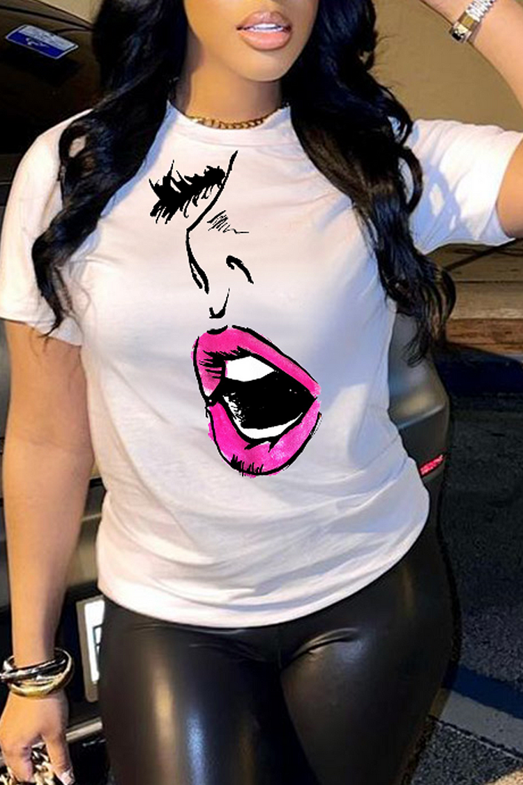 White Casual Street Print Patchwork O Neck T-Shirts