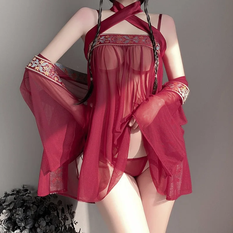 OJBK Chinese Traditional Costumes Sexy Lingerie Mesh Nightgowns Chiffon Women Classical Embroidery Nightdress Adult Outfit Sets