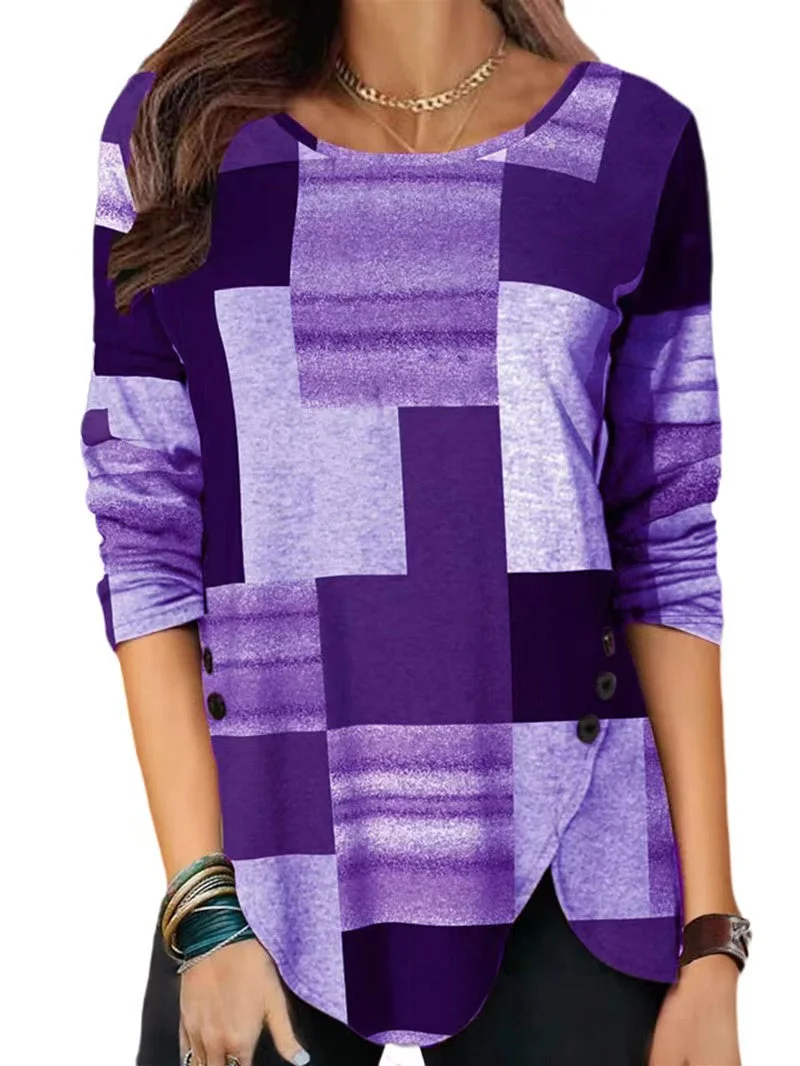 Women's Plaid Graphic Solid Color Scoop Neck Long Sleeve Top