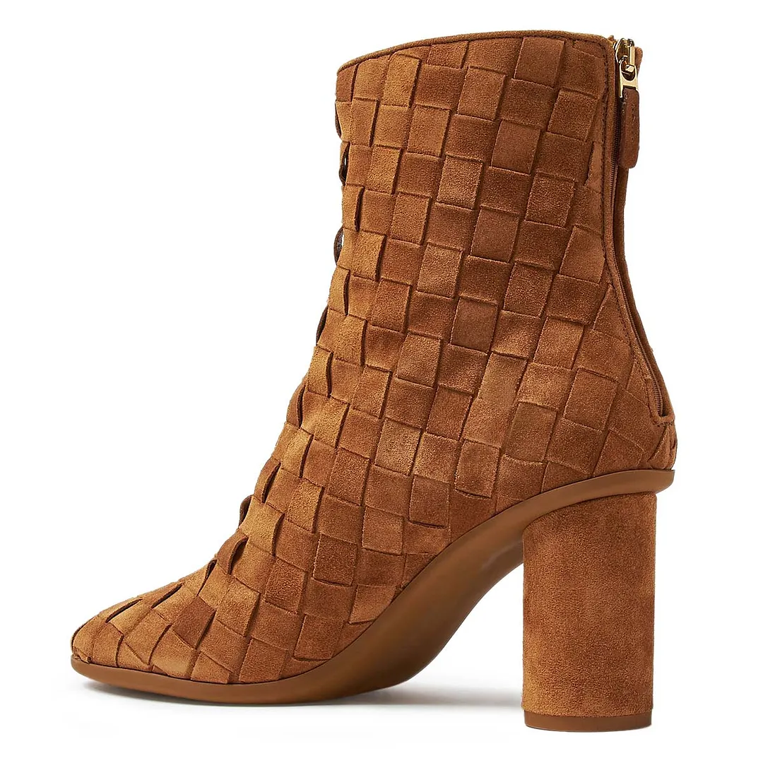 Brown Vegan Suede Cylinder Heel Woven Zipper Booties for Women
