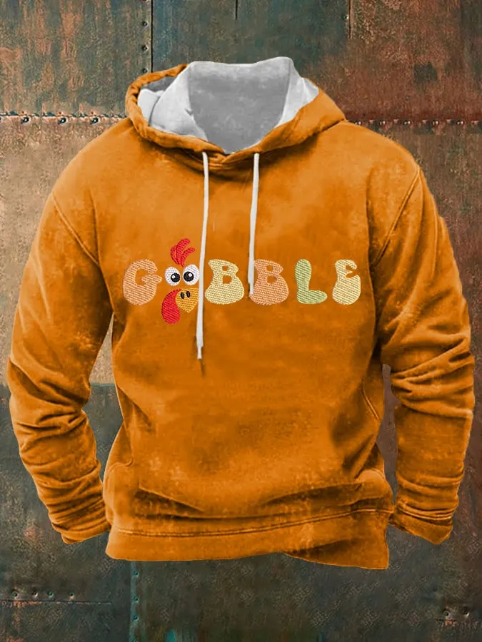 Men's Thanksgiving Funny Turkey "Gobble" Printed Hooded Sweatshirt 