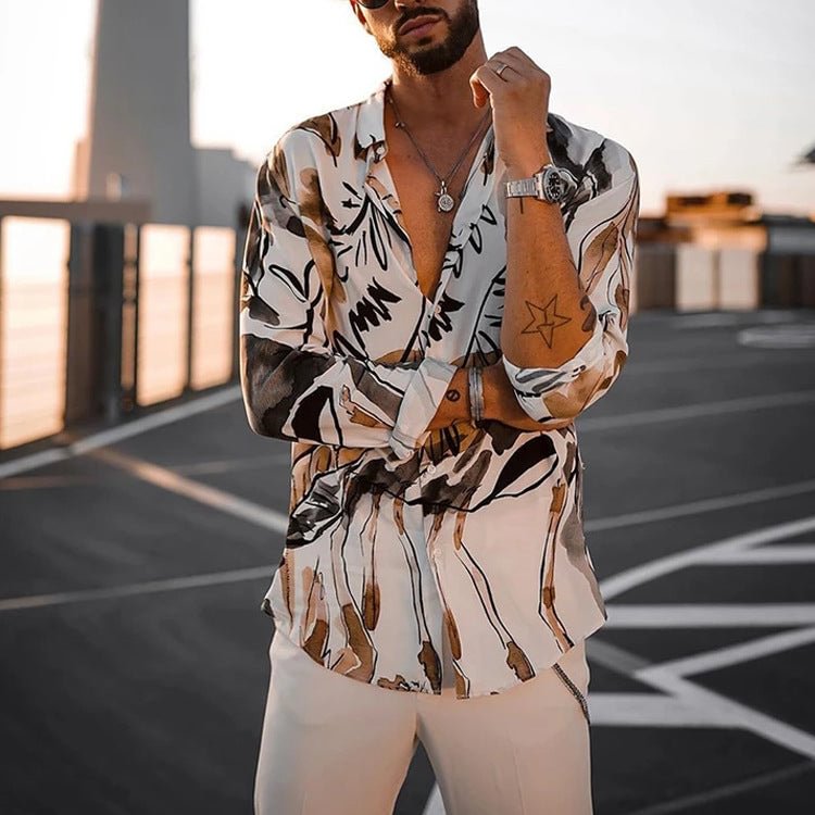 Men's Shirt Fashion Casual Business Printed Long Sleeve Polo Collar Shirt