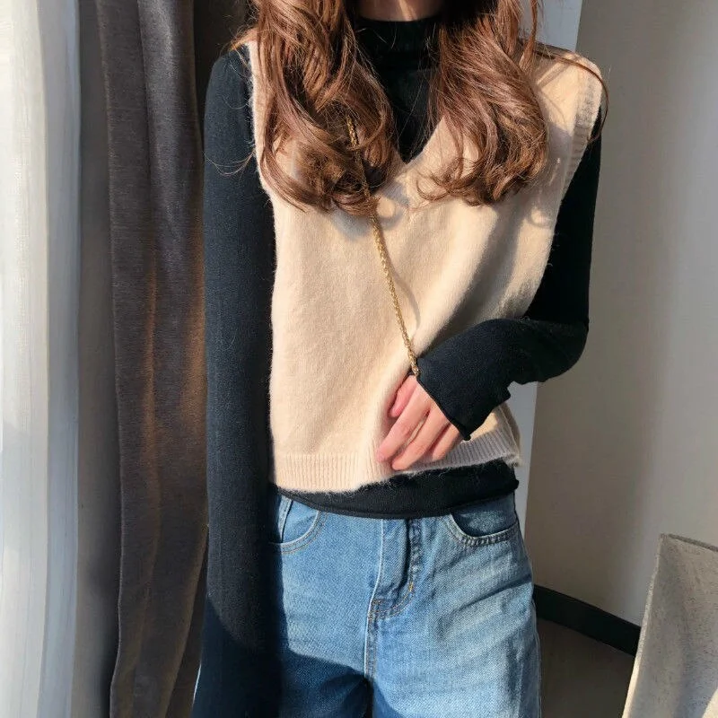 Sweaters Vest Women Solid Knitted Leisure Outwear Simple Girls Sleeveless Jumper Korean Style All-match Fall Harajuku Ins Trendy