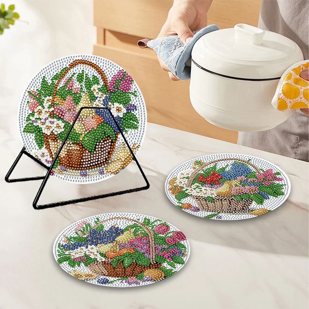 4pcs DIY Flower Basket Acrylic Diamond Painting Placemats Kitchen Dish Mat with Holder