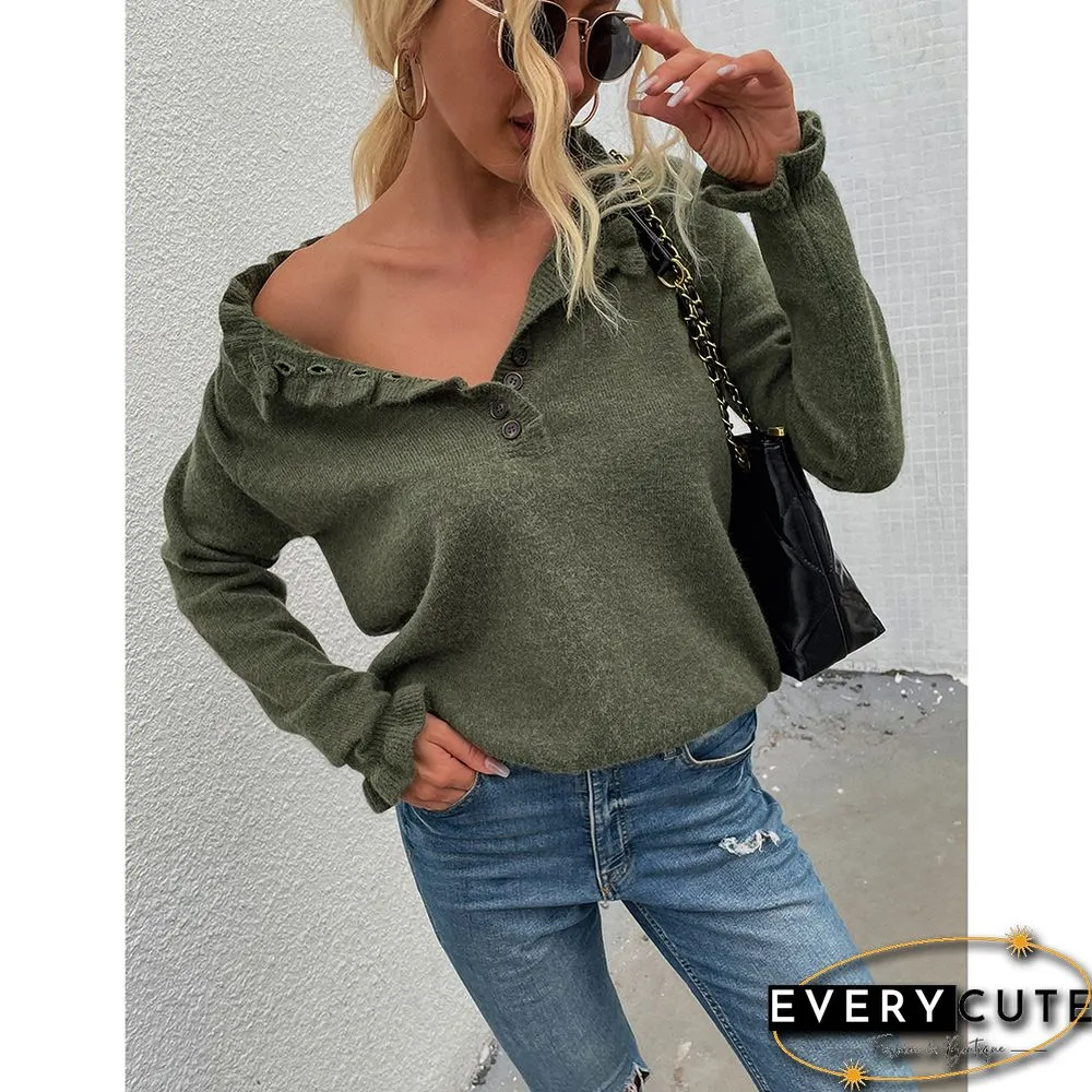 Green Ruffle Detail Crew Neck Long Sleeve Knitted Sweater