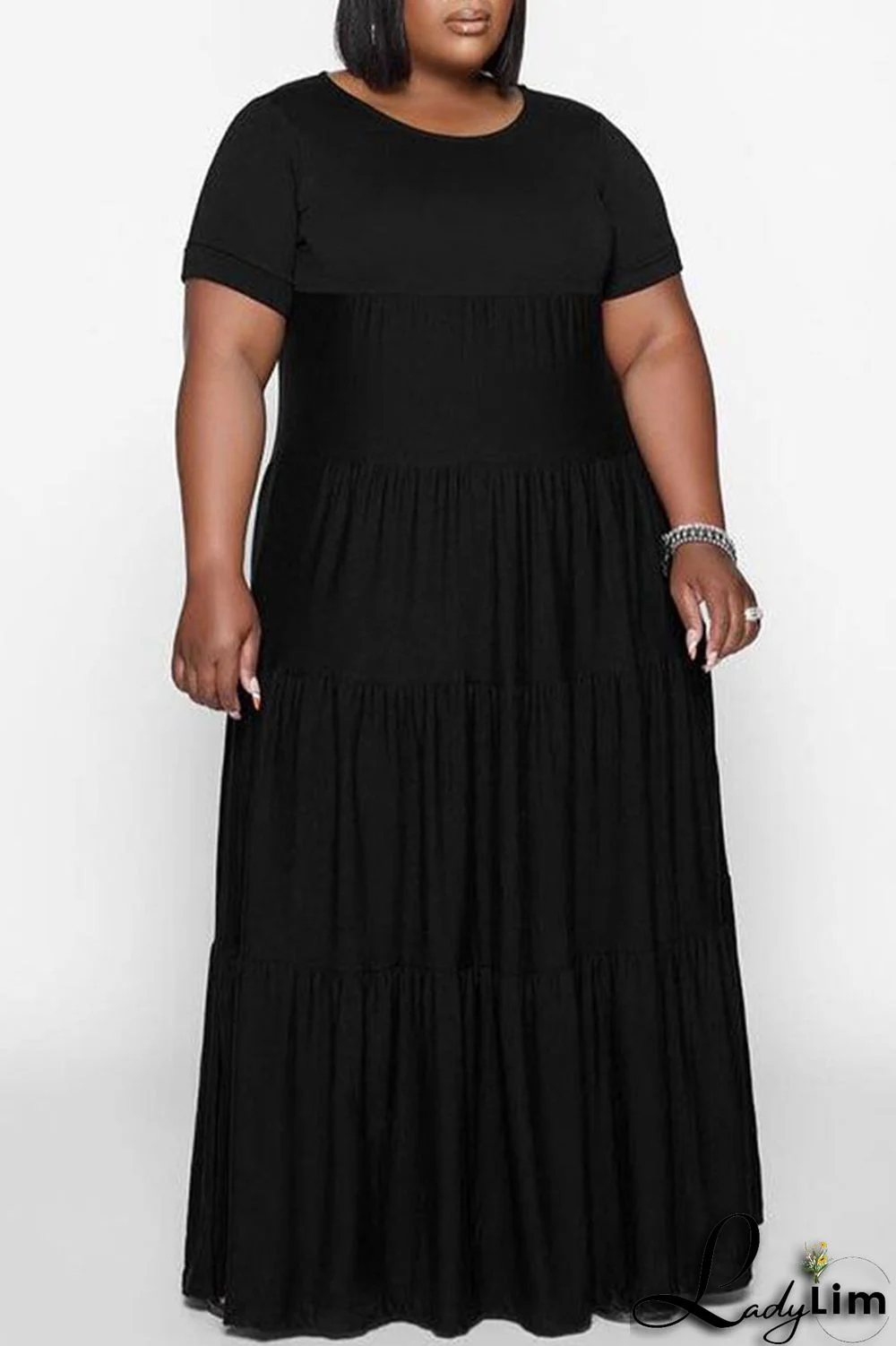 Black Casual Solid Patchwork O Neck Straight Plus Size Dresses