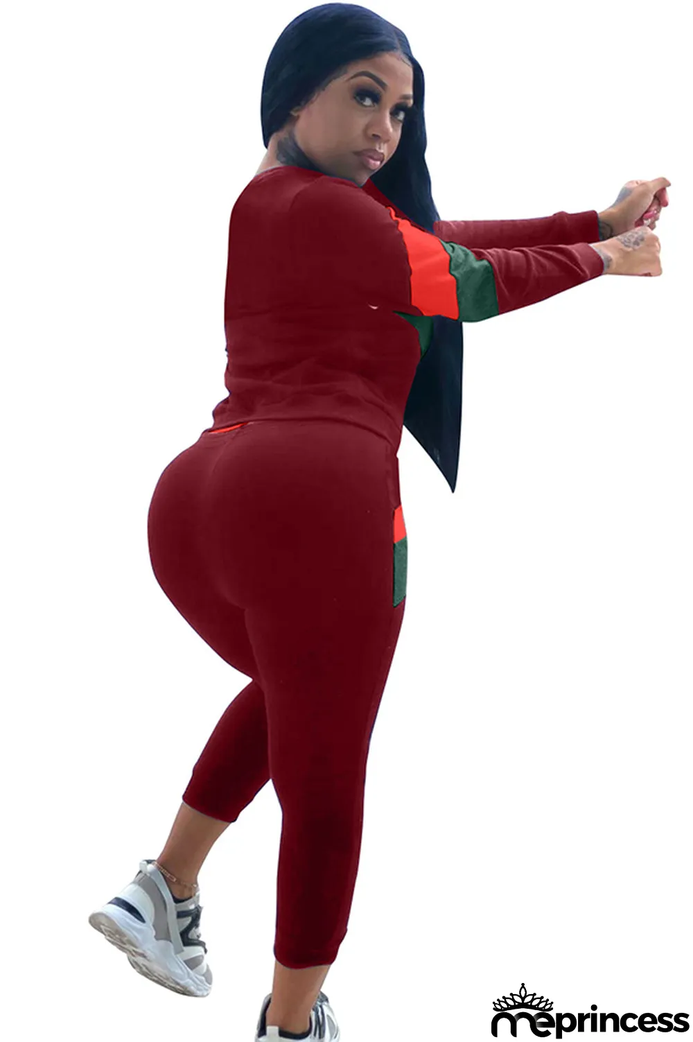 Blue Polyester Casual Two Piece Suits Patchwork Striped Straight Long Sleeve Two-piece Pants Set