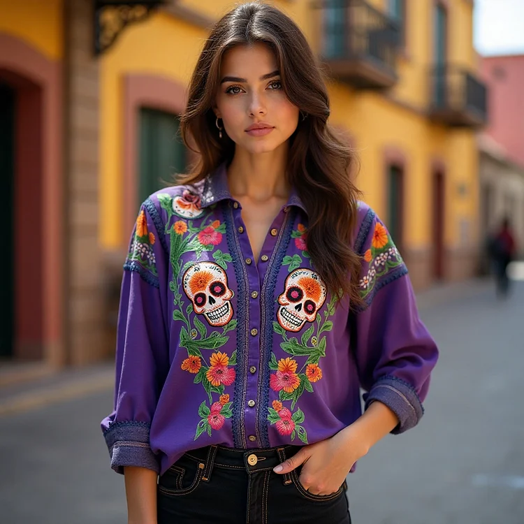 Classy Mexican Day Of The Dead Inspired Art Pattern Printed Linen Long Sleeve Shirt