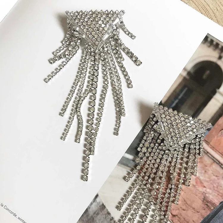 Trendy Full Rhinestone Triangle Tassel Earrings