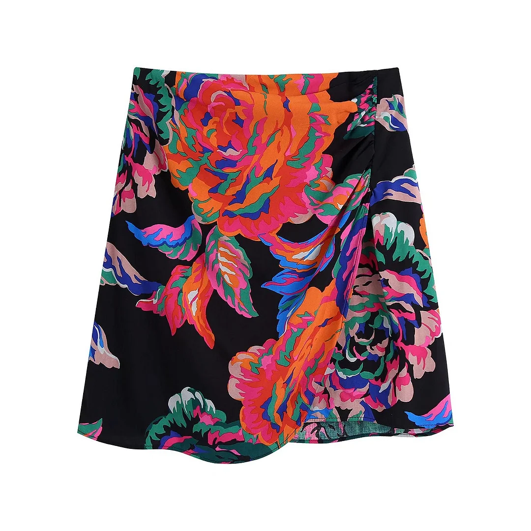 Zevity Women Vintage Color Match Floral Print Pleats Split Mini Design Skirt Faldas Mujer Ladies Chic Back Zipper Vestido QUN894
