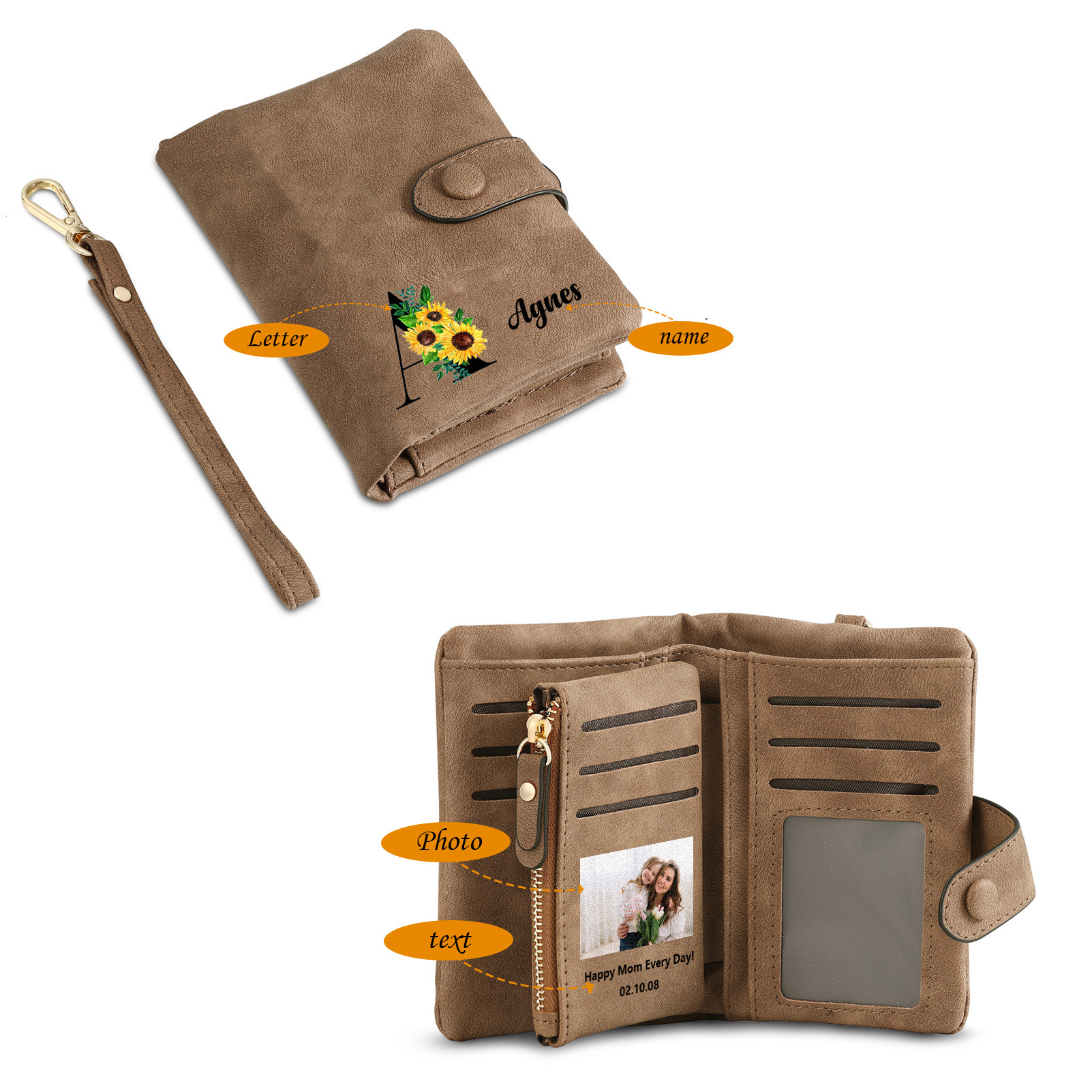 Portafoglio in PU pelle girasole con 1 letetra & 1 testo & 1 nome & 1 foto personalizzati per mamma/nonna