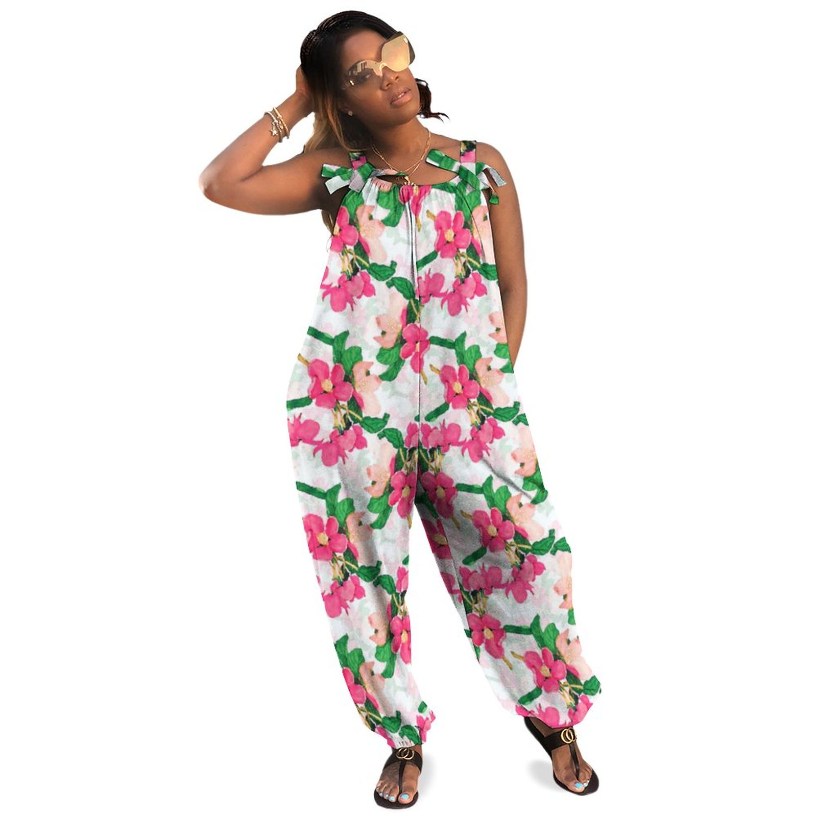 Watercolor Cherry Blossom Pink White Floral Plus Size Women Rompers Summer Casual Loose Cow Overalls Long Romper Dress Short Playsuit Boho Pockets